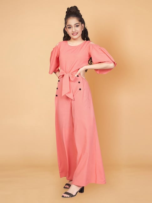 Fashion Dream Girls Peach Solid Jumpsuit