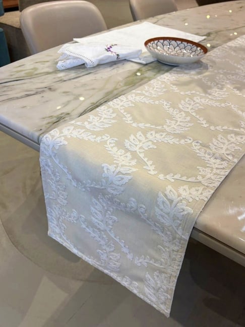 Bells & Whistles Cream Cotton Embroidered Moonflower Table Runner