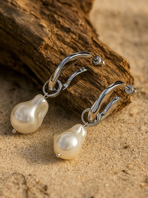 Jewelz Trendy Irregular Baroque Pearl Earrings Silver Plated Statement  Dangles