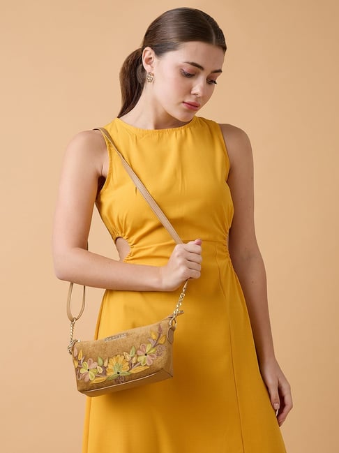 Caprese Brown Embroidered Sling Handbag