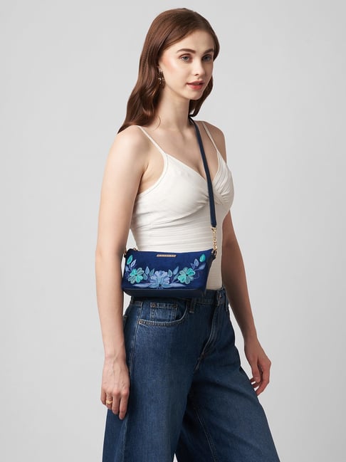 Caprese Blue Embroidered Sling Handbag