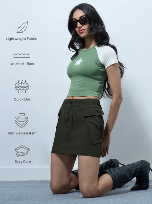 The Souled Store Olive Parachute Skirt Hunter Green Women Skirts
