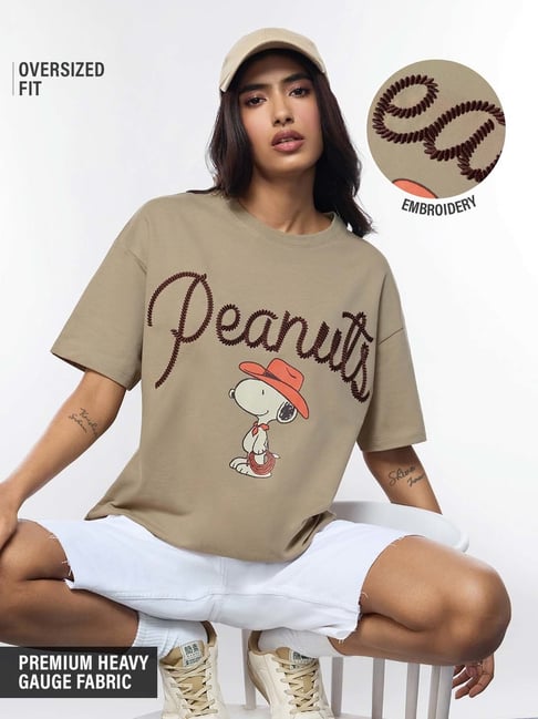 The Souled Store Beige Peanuts Retro Snoopy Women Oversized T-Shirts