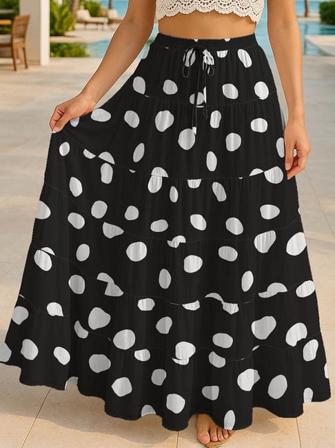 Moomaya Black Regular Fit Polka Dot Skirt with Pockets-picture-36