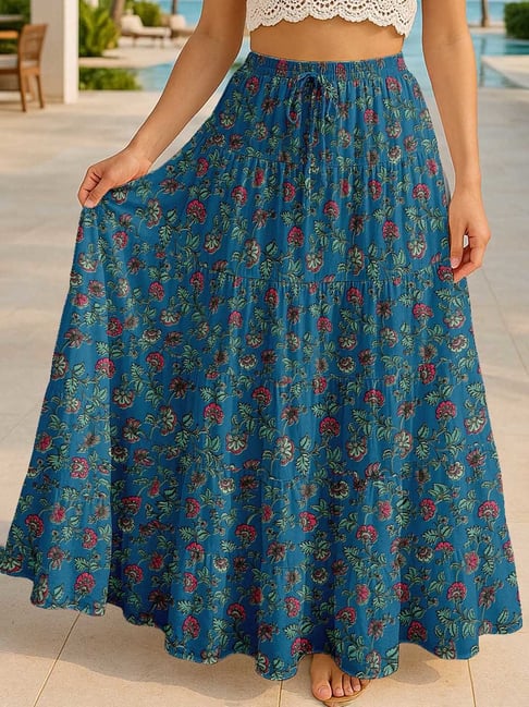 Moomaya Blue & Pink Regular Fit Floral Skirt with Pockets