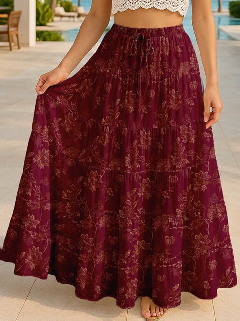 Moomaya Burgundy Regular Fit Floral Skirt with Pockets