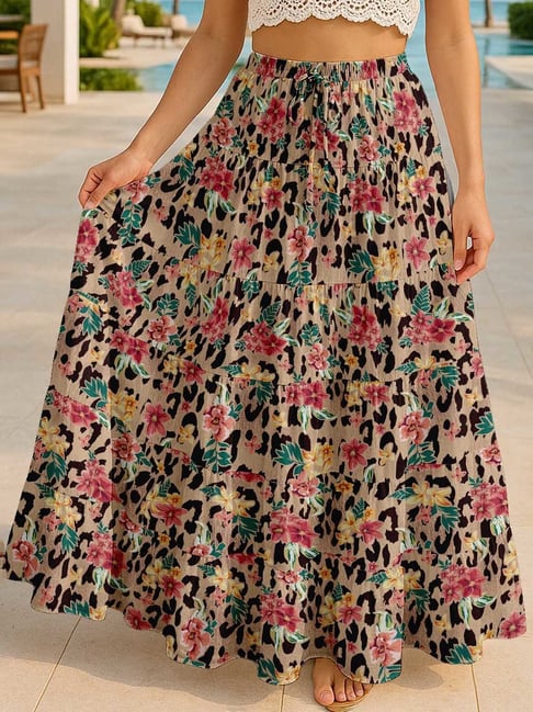 Moomaya Beige Regular Fit Floral Skirt with Pockets