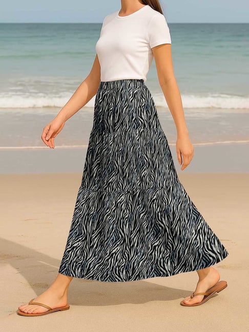 Moomaya Black & Blue Regular Fit Animal Print Skirt with Pockets-picture-37