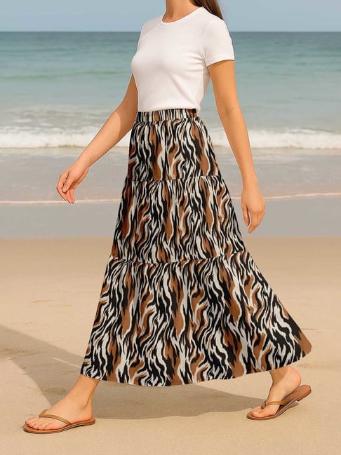 Moomaya Black & Brown Regular Fit Animal Print Skirt with Pockets-picture-35