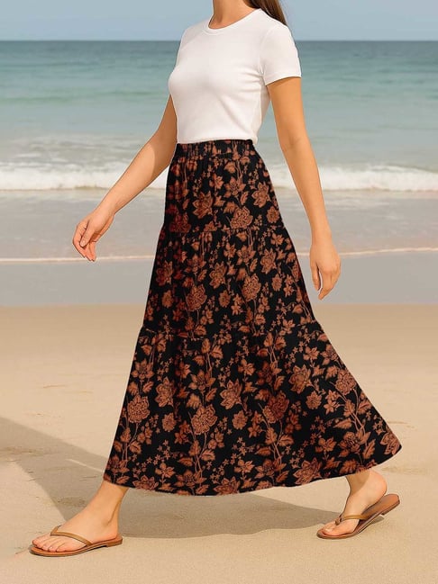Moomaya Black and Rust Regular Fit Floral Skirt with Pockets-picture-34