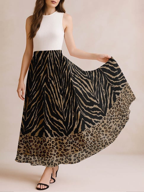 Moomaya Black & Beige Regular Fit Animal Print Skirt-picture-38