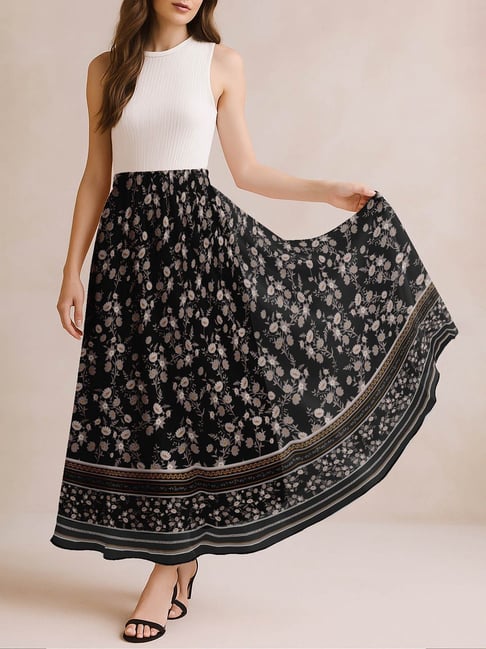 Moomaya Black and Taupe Regular Fit Floral Skirt-picture-30