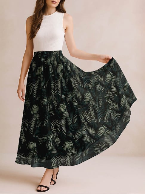 Moomaya Black & Blue Regular Fit Floral Skirt-picture-31