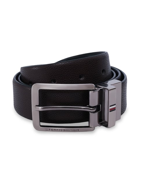 TOMMY HILFIGER Brown & Black Seawell Textured Leather Reversible Belt