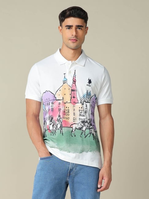 Polo Denim White Cotton Slim Fit Printed Polo T-Shirt