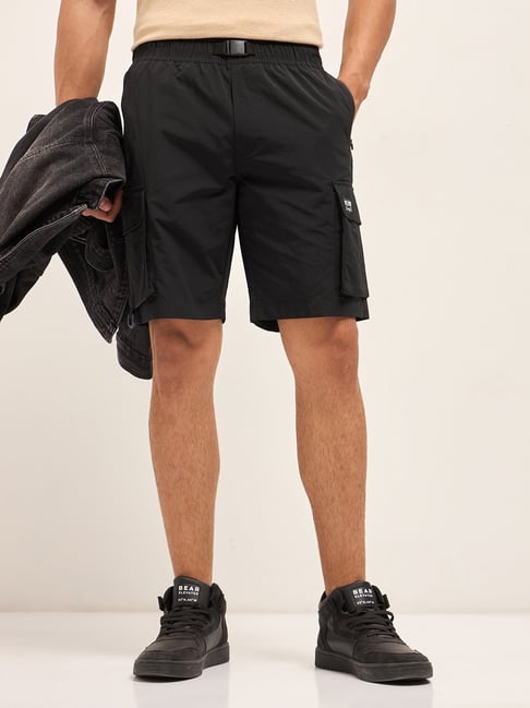 The Bear House Black Nylon Solid Regular Fit Shorts