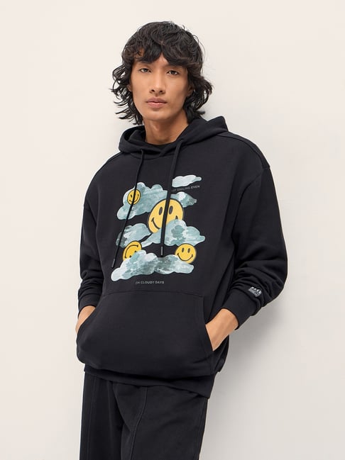 The Bear House Black Cotton Printed Relaxed Fit Sweatshirt
