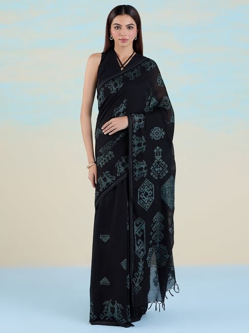 Navyasa by liva Black Printed Saree With Unstitched Blouse-image-22
