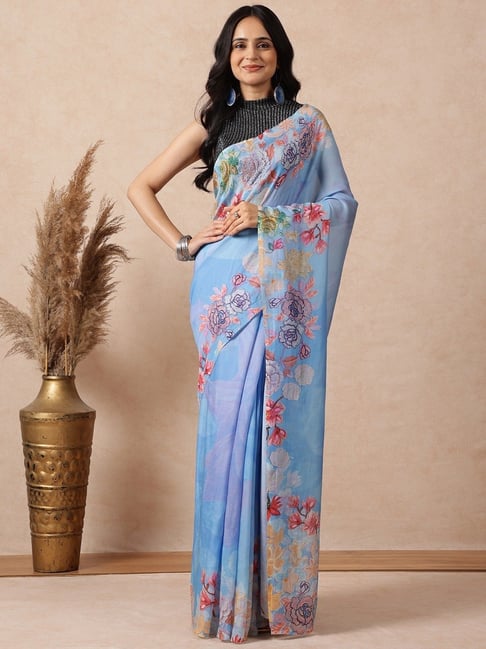 Navyasa by liva Blue Floral Saree With Unstitched Blouse-image-15