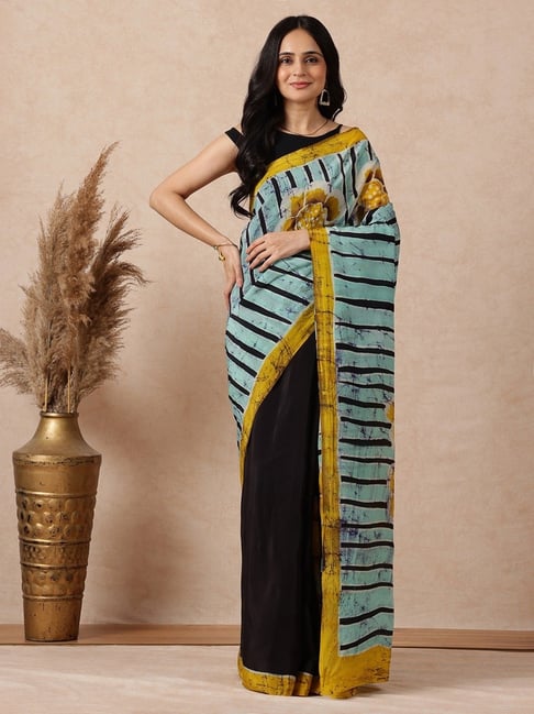 Navyasa by liva Black & Blue Floral Saree With Unstitched Blouse-image-27