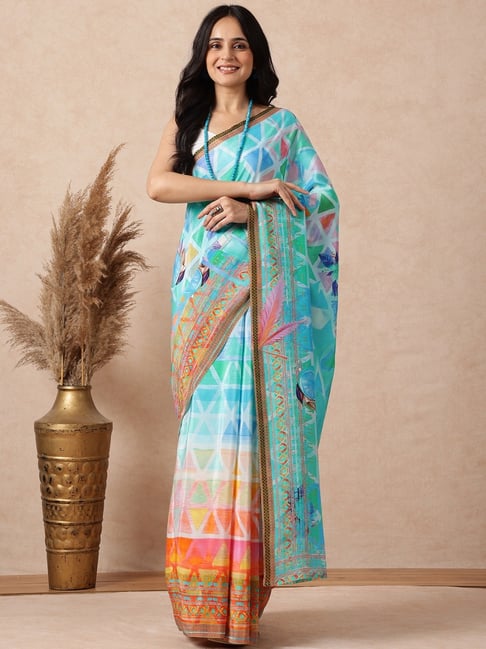 Navyasa by liva Blue Floral Saree With Unstitched Blouse-picture-11