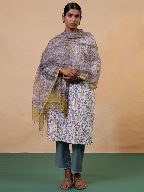 Folksong By W Blue Cotton Floral Dupatta