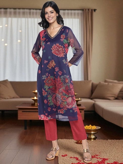 W Navy Blue Polyester Floral Kurti-picture-22