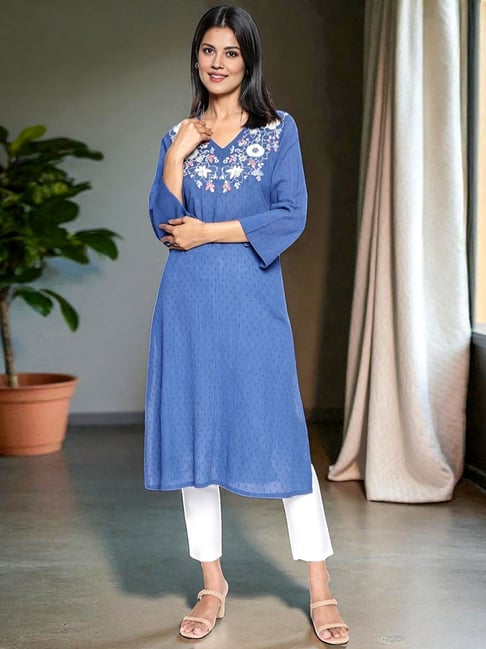 W Blue Pure Cotton Embroidered Kurti-picture-14