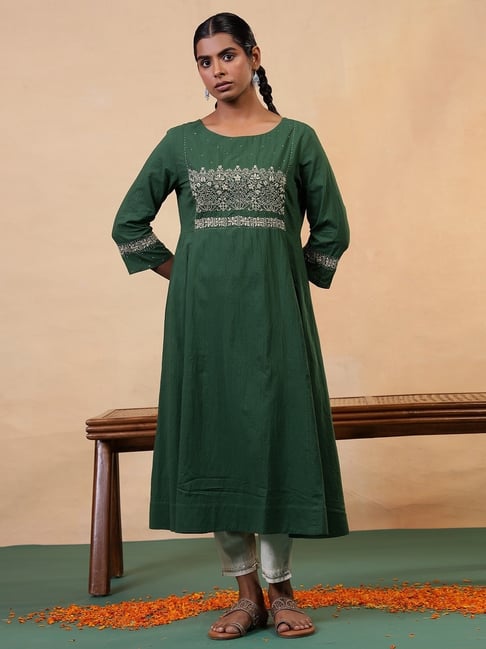 Folksong By W Dark Green Pure Cotton Solid Kurti-picture-42