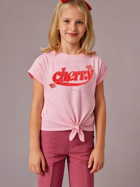 Cherry Crumble Girls Peach Cotton Printed Relaxed Fit T-Shirt