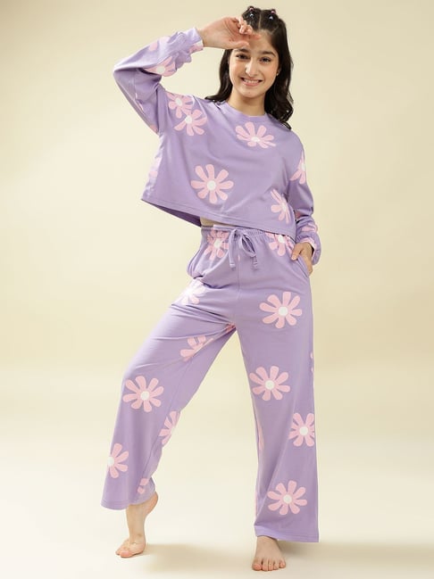 Lil Tomatoes Girls Lilac Cotton Regular Fit Floral Print Night Suit