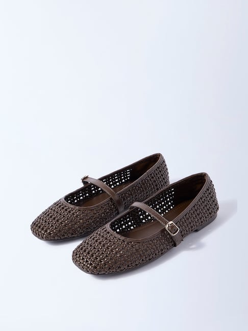 LUNA BLU by Westside Dark Brown Woven-Textured Mary Jane Shoes