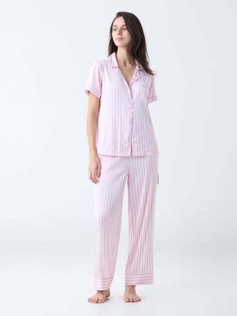 Wunderlove by Westside Pink Stripe Satin Shirt and Pyjama Set