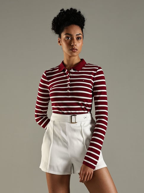 Tommy Hilfiger Maroon Cotton Slim Fit Striped Polo T-Shirt-image-28