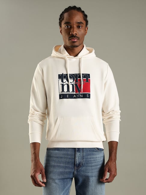 Tommy Hilfiger White Cotton Regular Fit Logo Printed Hooded Sweatshirt
