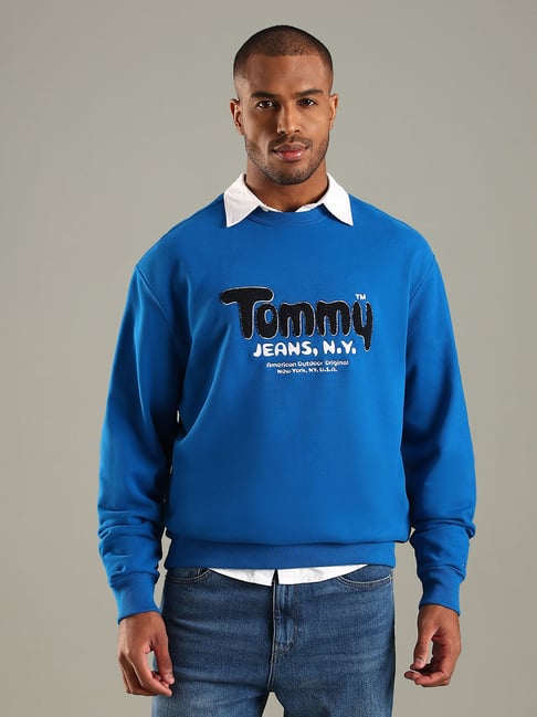 Tommy Hilfiger Blue Cotton Comfort Fit Logo Printed Sweatshirt