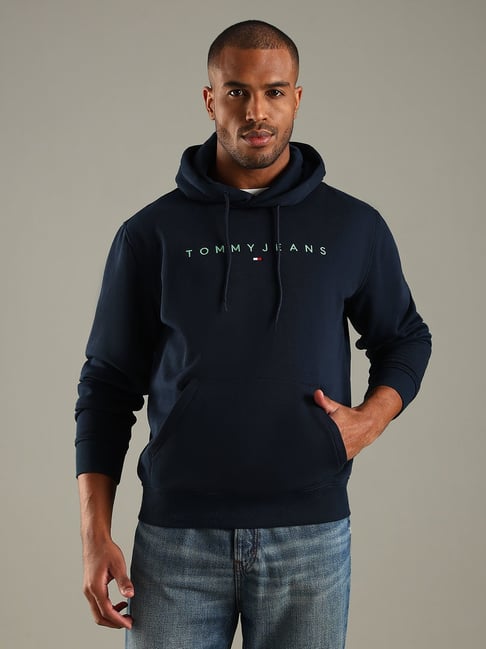 Tommy Hilfiger Navy Cotton Regular Fit Logo Printed Hooded Sweatshirt