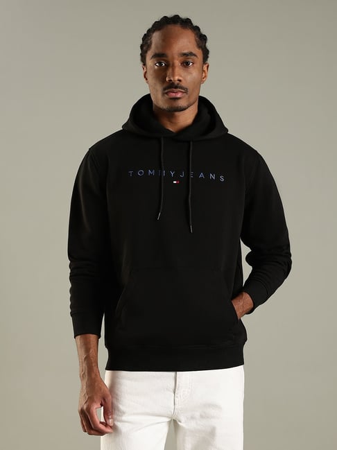 Tommy Hilfiger Black Cotton Regular Fit Logo Printed Hooded