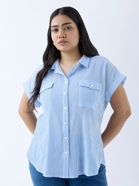 Gia by Westside Blue Stripe Cotton Shirt-picture-14