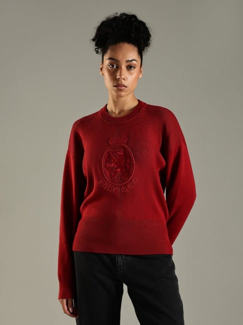 TOMMY HILFIGER Maroon Logo Printed Regular Fit Sweater-image-5
