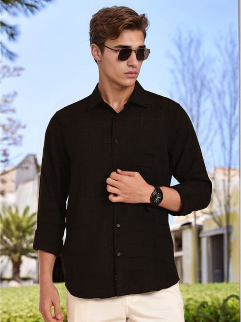 Thomas Scott Black Regular Fit Checks Shirt