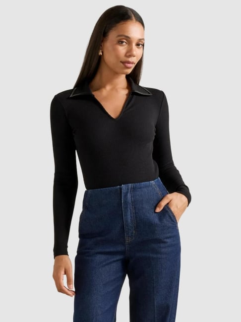 Maya PU Trim Long Sleeve Polo Shirt