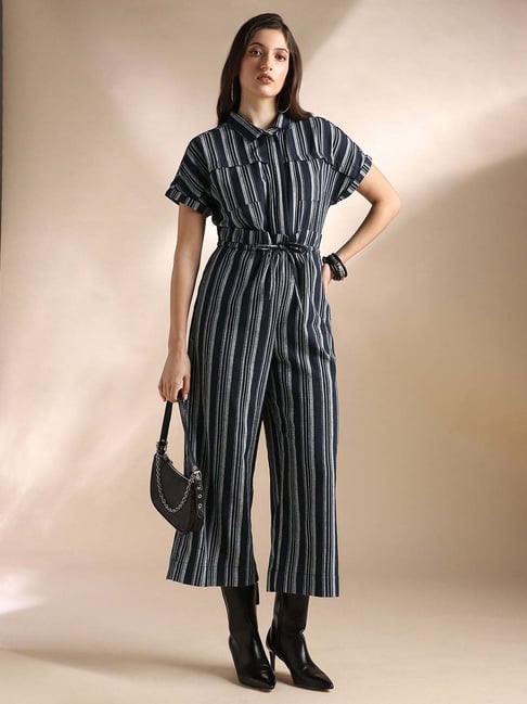 Globus Women Navy Blue Striped Extended Sleeves Collared Neck Waist Tie-Ups Wide Leg Jumpsuit-picture-24