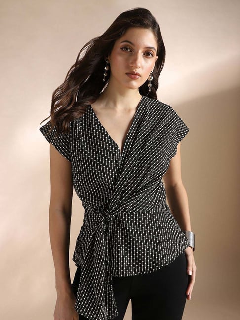 Globus Women Black White Wrap V-Neck Extended Sleeves Abstract Print  Twisted Detail Workwear Top