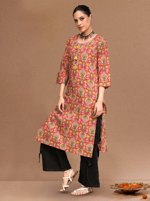 Varanga Pink Cotton Regular Fit Floral Print Kurta-picture-23