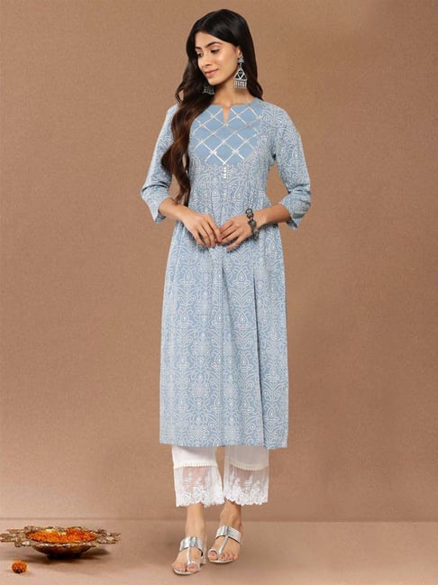 Varanga Blue Cotton Regular Fit Printed Kurta-image-17