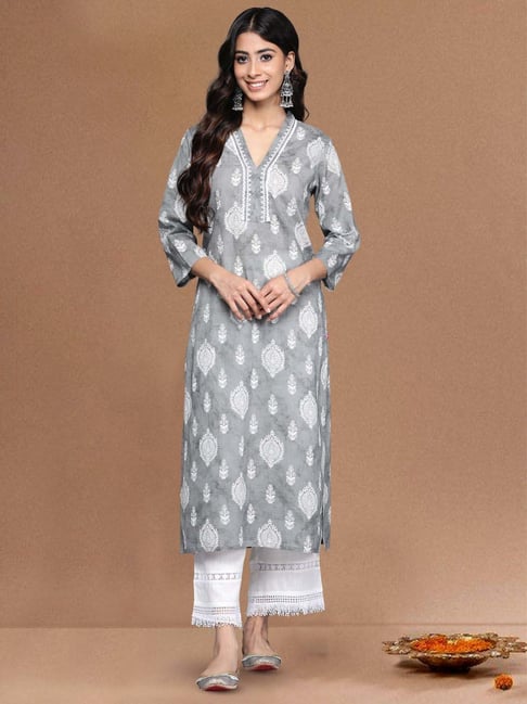 Varanga Grey Cotton Regular Fit Printed Kurta-picture-22