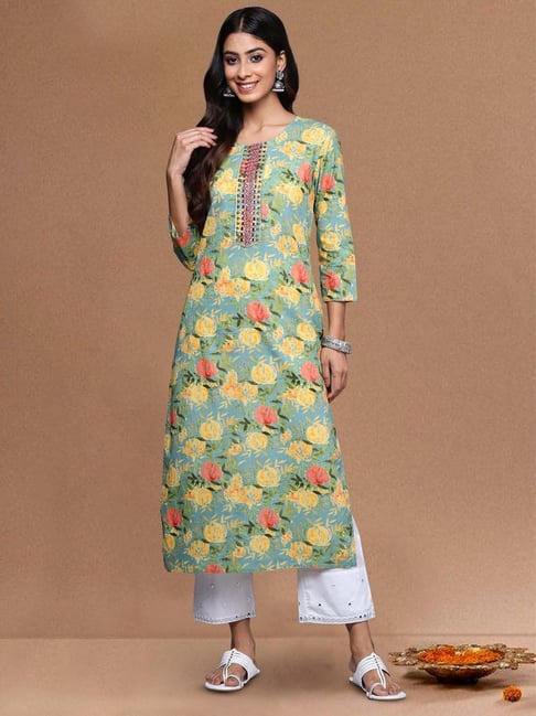 Varanga Sea Green Cotton Regular Fit Floral Print Kurta-picture-21