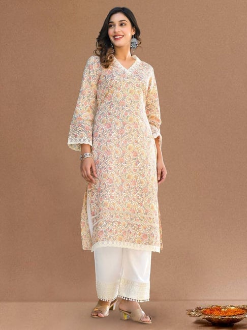 Varanga Off White Cotton Regular Fit Floral Print Kurta