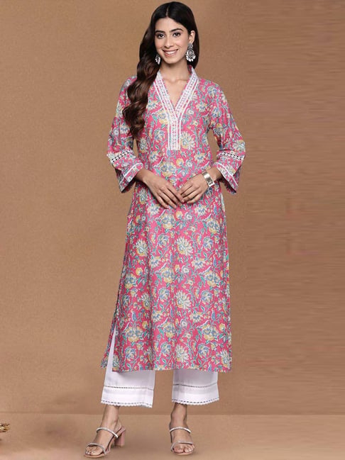 Varanga Pink Cotton Regular Fit Floral Print Kurta-picture-24